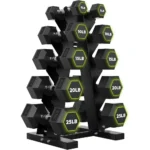 Rubber Hex Dumbbell Set with A-Frame Rack for Home Strength Training