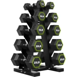 Rubber Hex Dumbbell Set with A-Frame Rack for Home Strength Training
