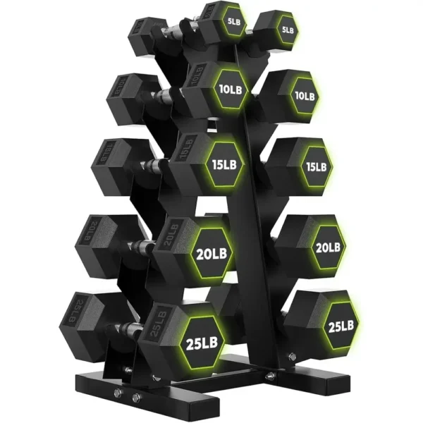 Rubber Hex Dumbbell Set with A-Frame Rack for Home Strength Training