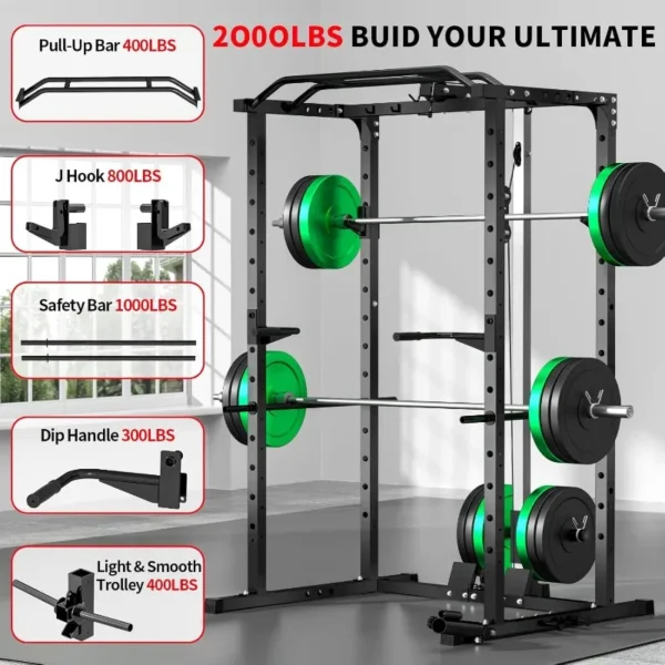 JEEKEE Power Rack with LAT Pulldown, 2000LBS Power Cage with Cable System, Multi-Function Squat Rack with J-Hooks, Safety Bars
