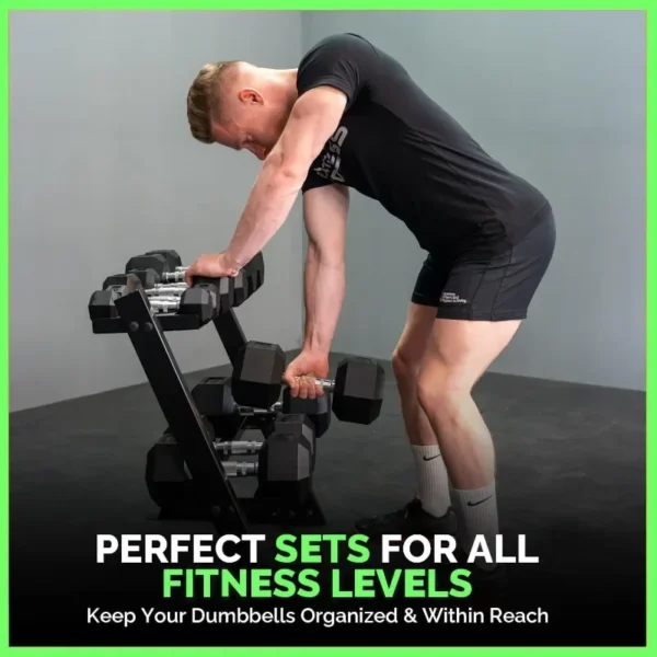 Rubber Hex Dumbbell Set with Rack for Home Strength Training