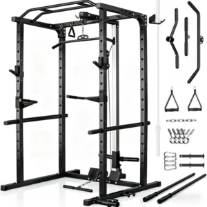 JEEKEE Power Rack with LAT Pulldown, 2000LBS Power Cage with Cable System, Multi-Function Squat Rack with J-Hooks, Safety Bars