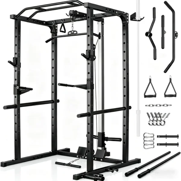 JEEKEE Power Rack with LAT Pulldown, 2000LBS Power Cage with Cable System, Multi-Function Squat Rack with J-Hooks, Safety Bars
