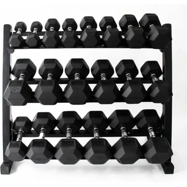 Rubber Hex Dumbbell Set with Rack for Home Strength Training