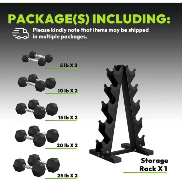 Rubber Hex Dumbbell Set with A-Frame Rack for Home Strength Training